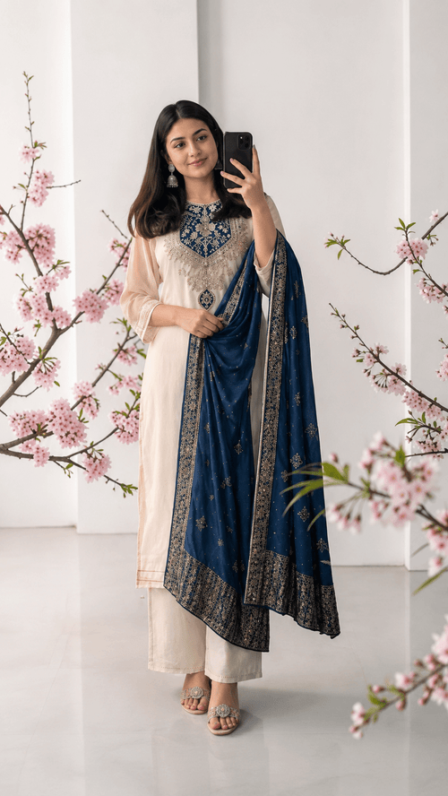 Azure Grace Embroidered Three-Piece Suit Set