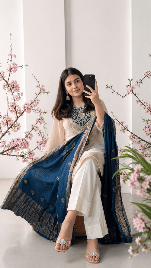 Azure Grace Embroidered Three-Piece Suit Set
