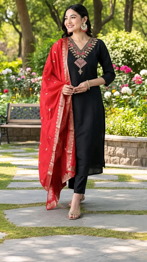 Embroidery Design black Kurta set - Trendora Fashion
