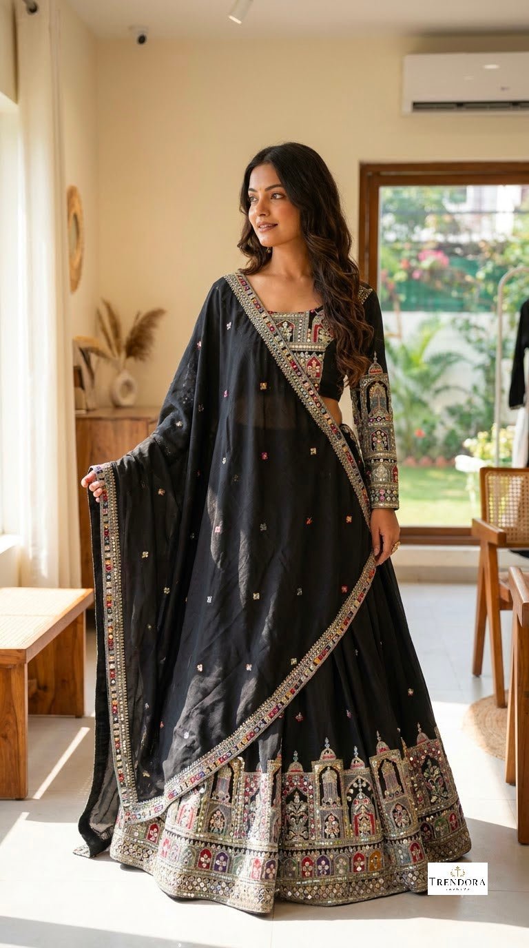 🕳️Black Royal Embroidered Lehenga Set