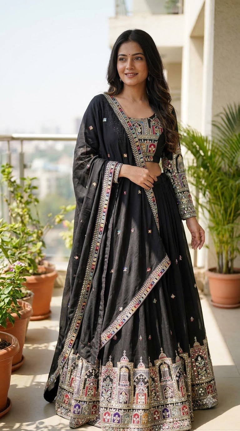🕳️Black Royal Embroidered Lehenga Set