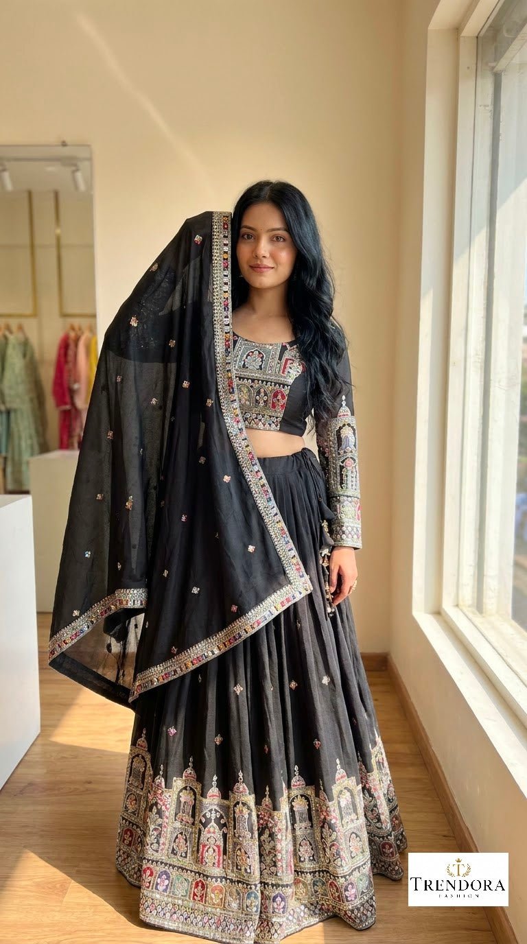 🕳️Black Royal Embroidered Lehenga Set