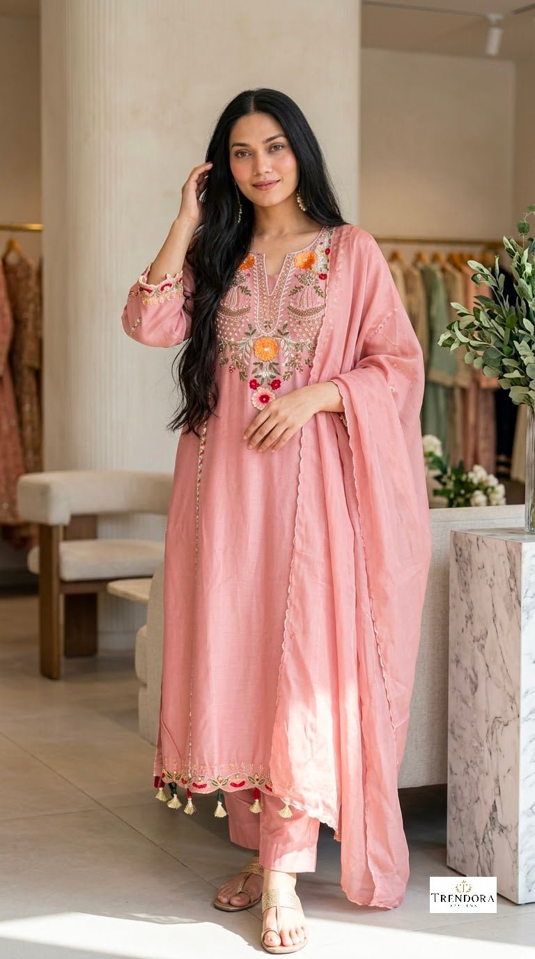 Blush Bloom Embroidered Kurti Co-ord Set