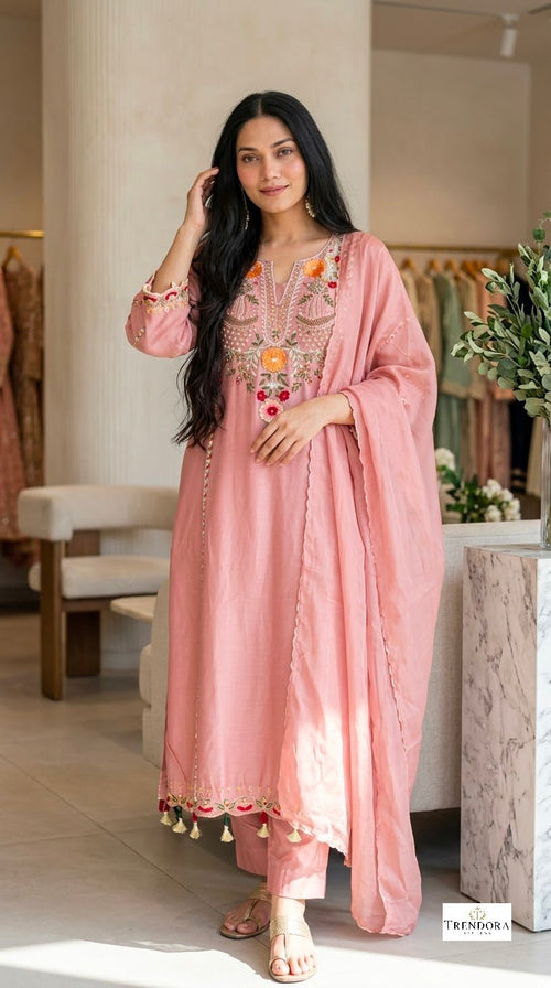 Blush Bloom Embroidered Kurti Co-ord Set