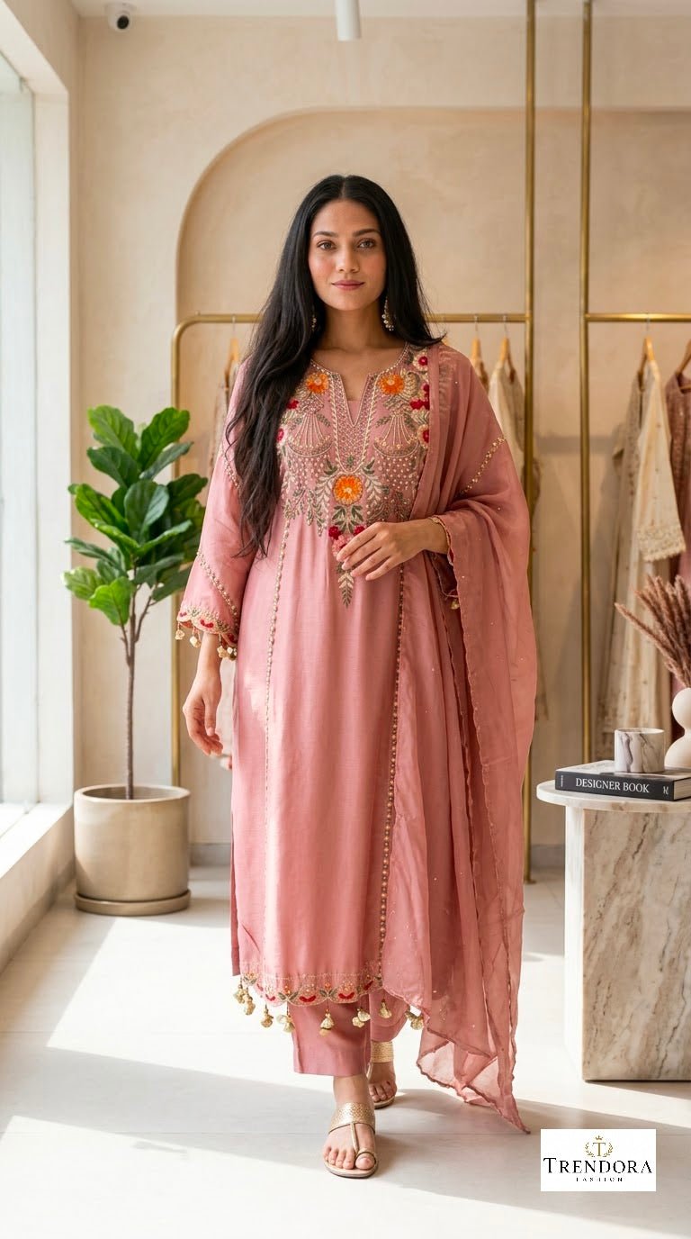 Blush Bloom Embroidered Kurti Co-ord Set