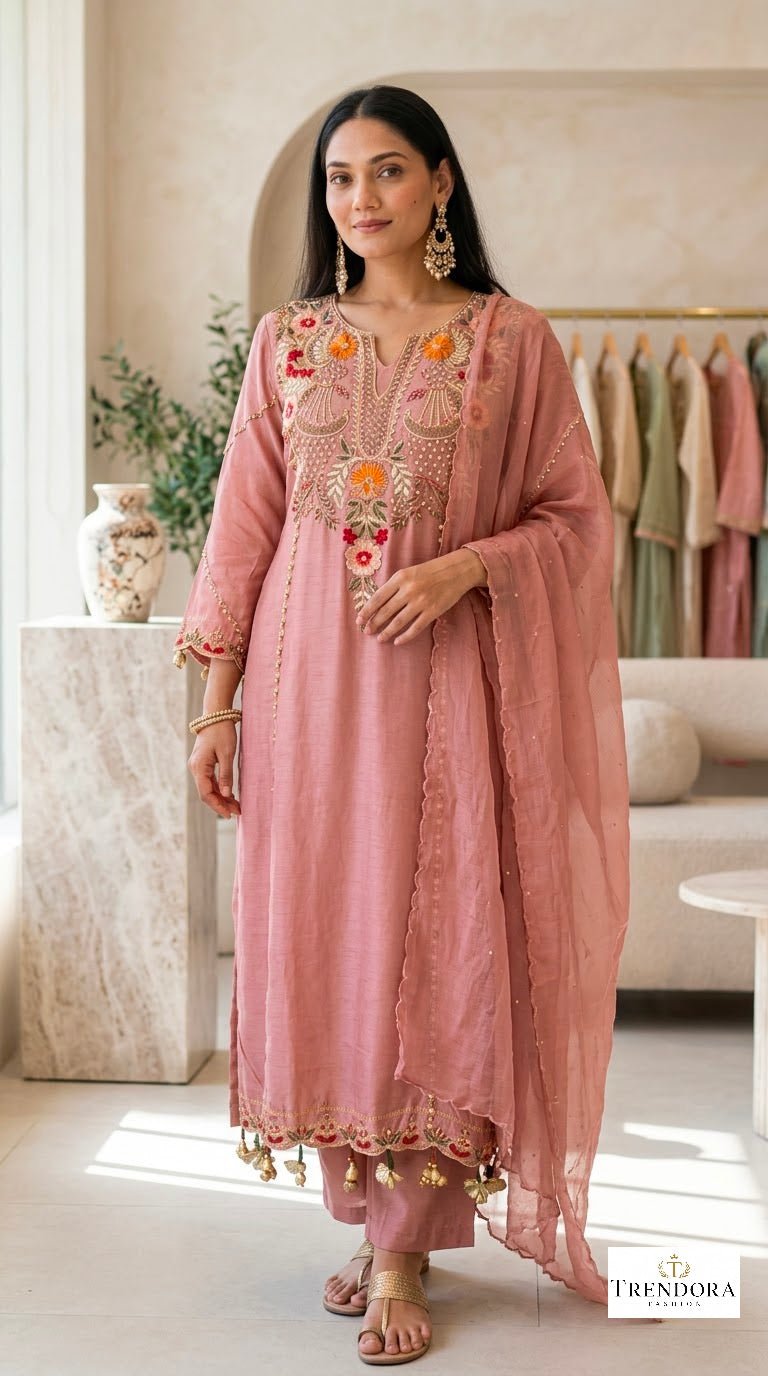 Blush Bloom Embroidered Kurti Co-ord Set