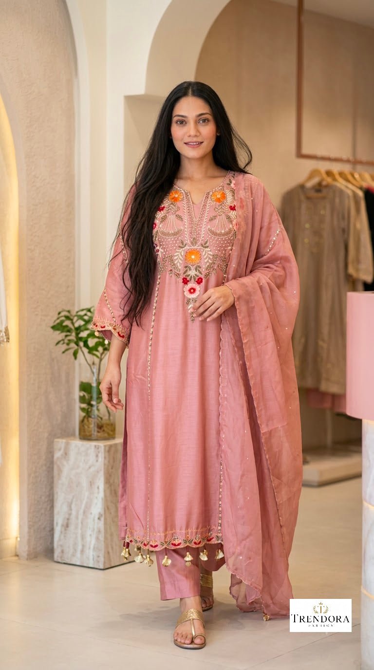 Blush Bloom Embroidered Kurti Co-ord Set