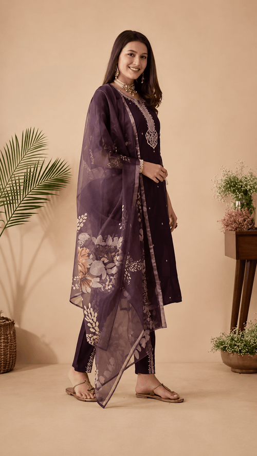 Elegant Purple Embroidered 3-Piece Suit