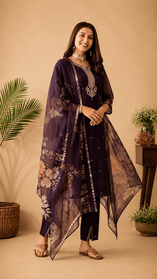 Elegant Purple Embroidered 3-Piece Suit