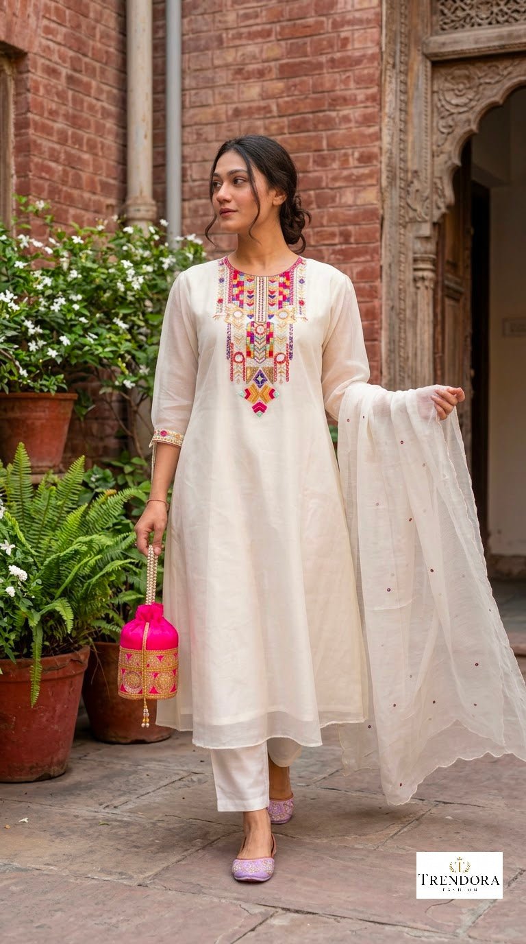 🤍Ivory Multicolor Embroidered Suit Set