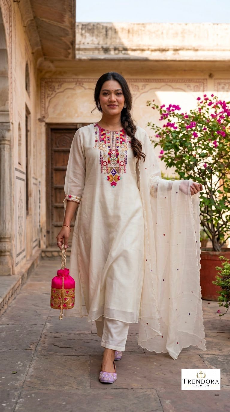 🤍Ivory Multicolor Embroidered Suit Set