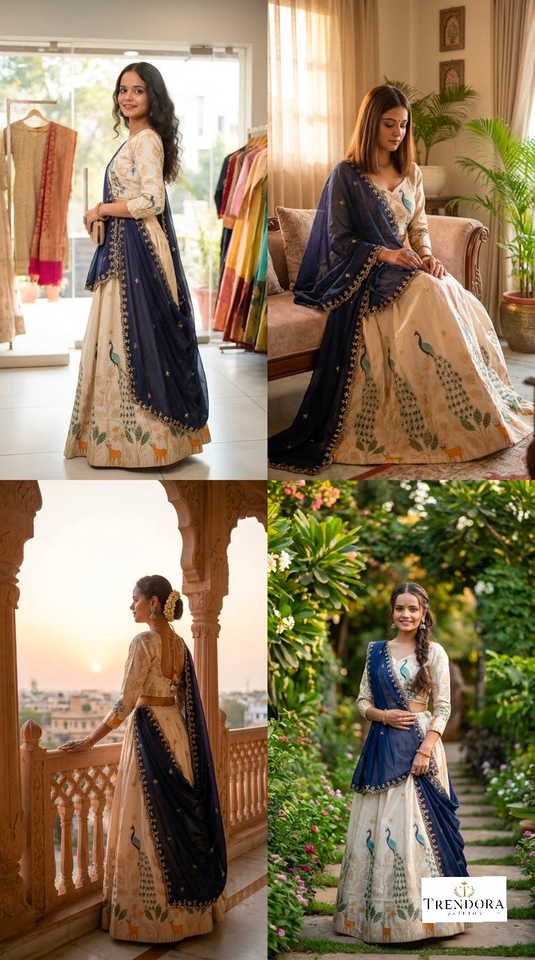 🦚Navy Blue Peacock Embroidered Lehenga Set