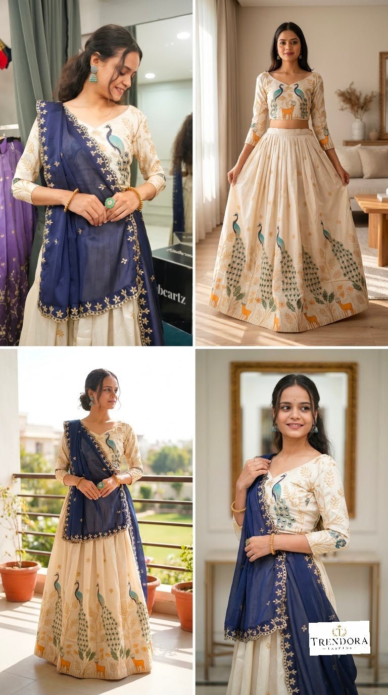 🦚Navy Blue Peacock Embroidered Lehenga Set