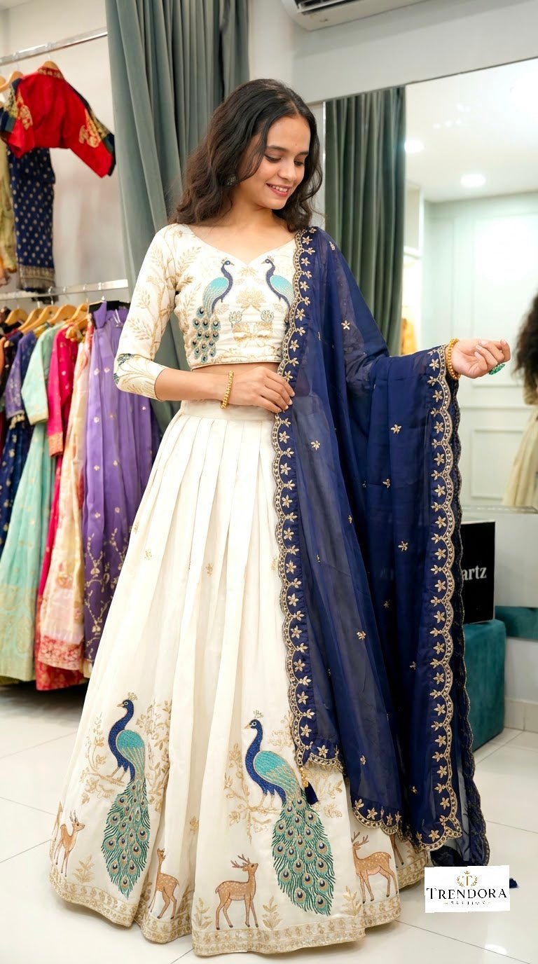 🦚Navy Blue Peacock Embroidered Lehenga Set