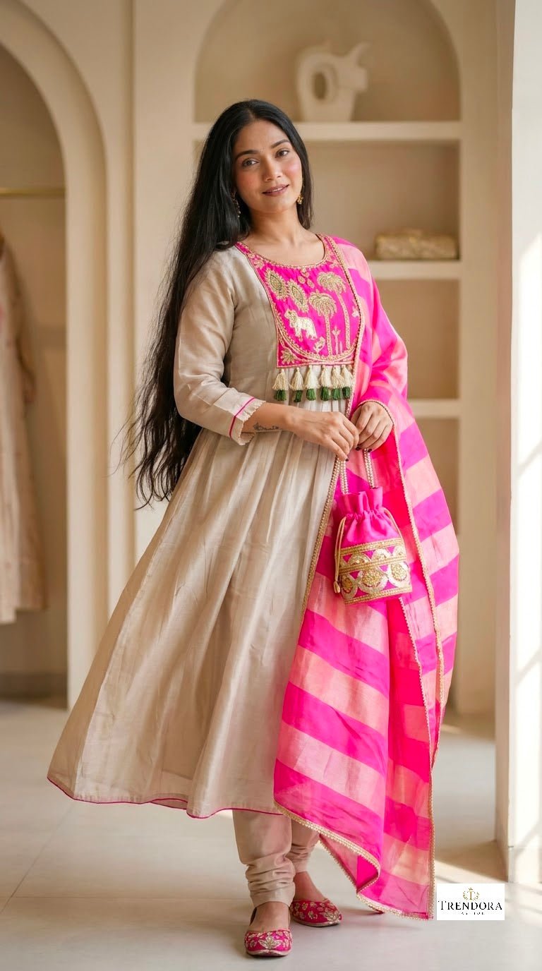 Pink& Red Bloom Ethnic  Kurti Set.