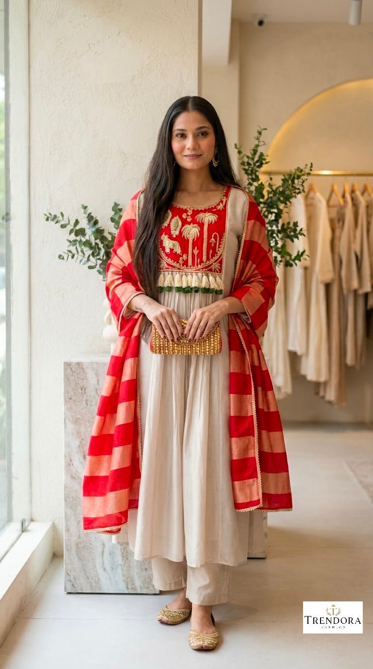 Pink& Red Bloom Ethnic  Kurti Set.