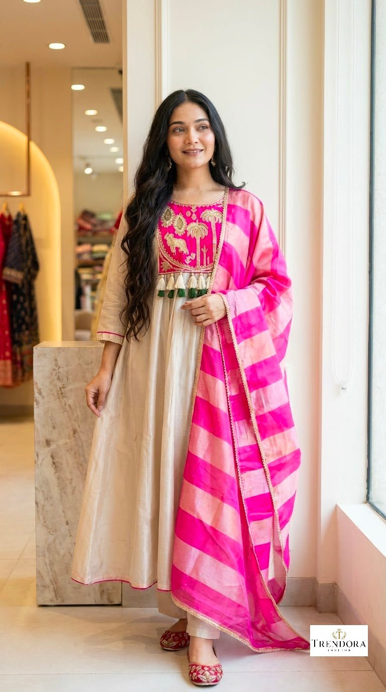 Pink& Red Bloom Ethnic  Kurti Set.