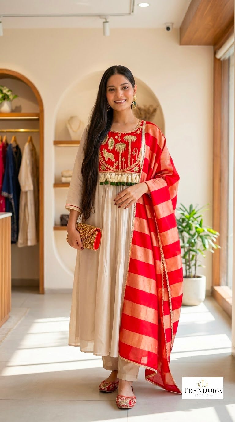 Pink& Red Bloom Ethnic  Kurti Set.