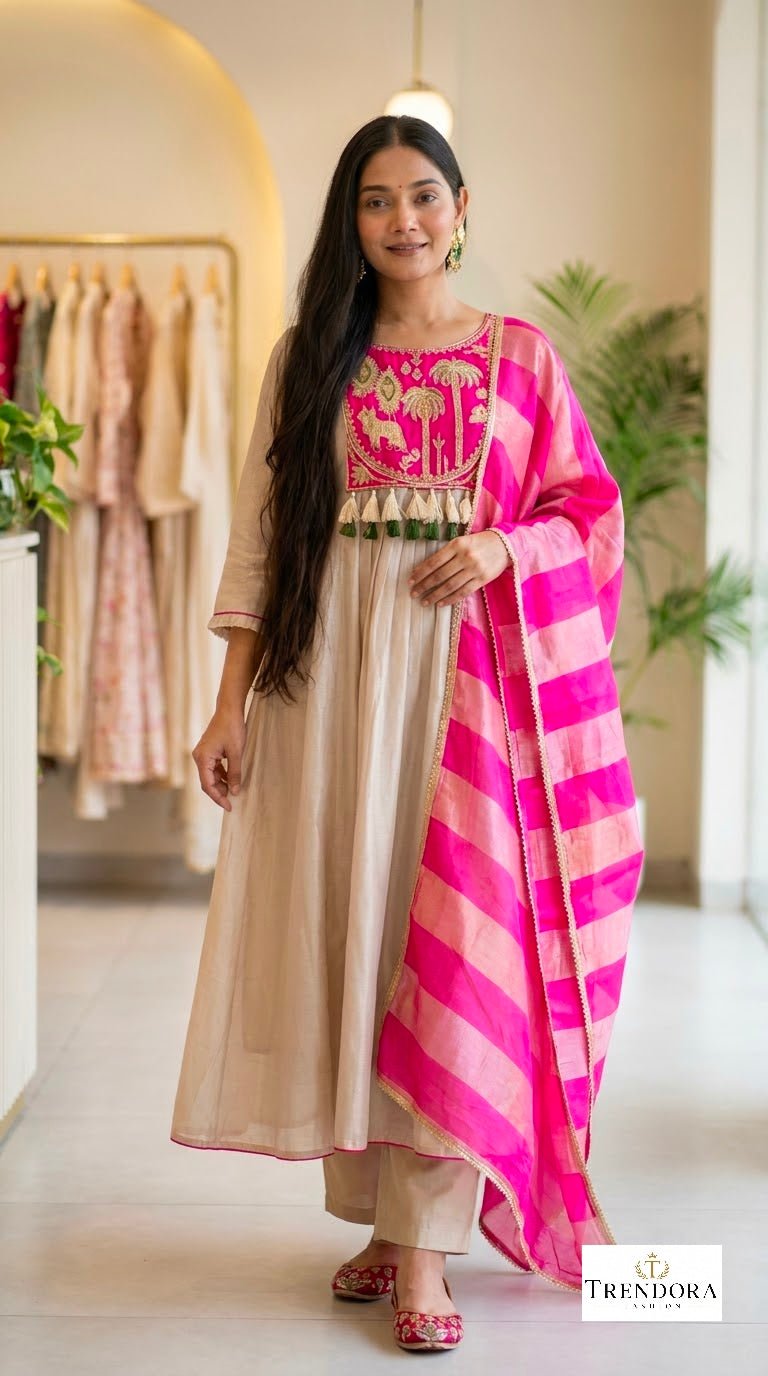 Pink& Red Bloom Ethnic  Kurti Set.
