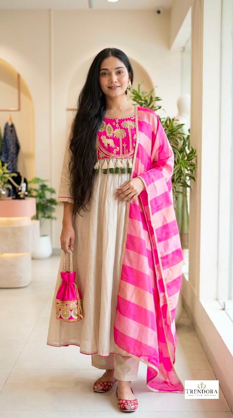 Pink& Red Bloom Ethnic  Kurti Set.