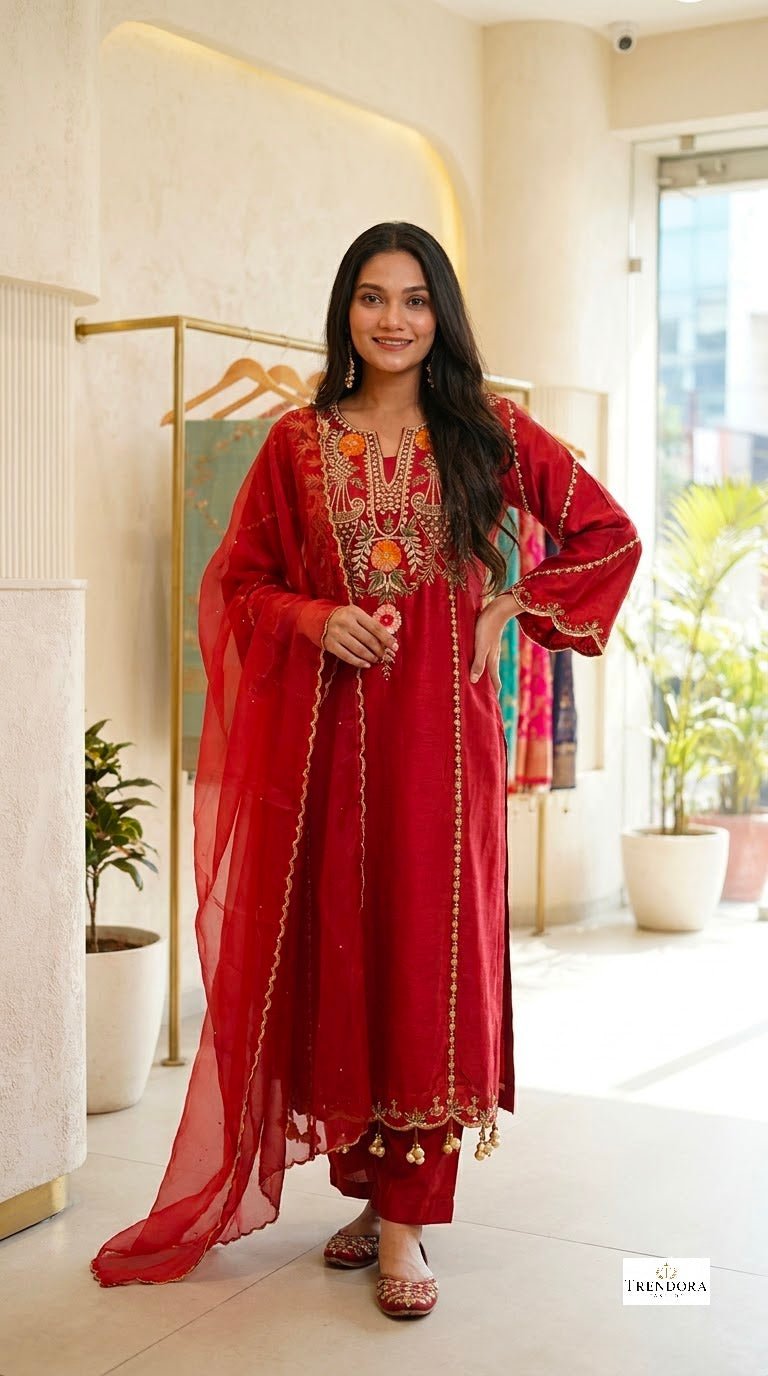 Regal Red Embroidered Suit Set