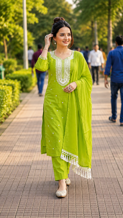 Elegant Lime Green Embroidered 3-Piece Salwar Suit