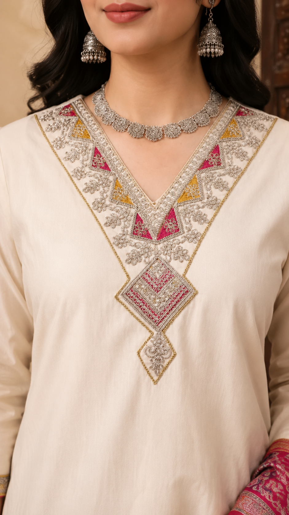 Elegant Ivory Embroidered 3-Piece Salwar Suit with Pink Jacquard Dupatta