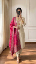 Elegant Ivory Embroidered 3-Piece Salwar Suit with Pink Jacquard Dupatta