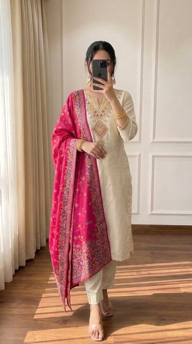 Elegant Ivory Embroidered 3-Piece Salwar Suit with Pink Jacquard Dupatta
