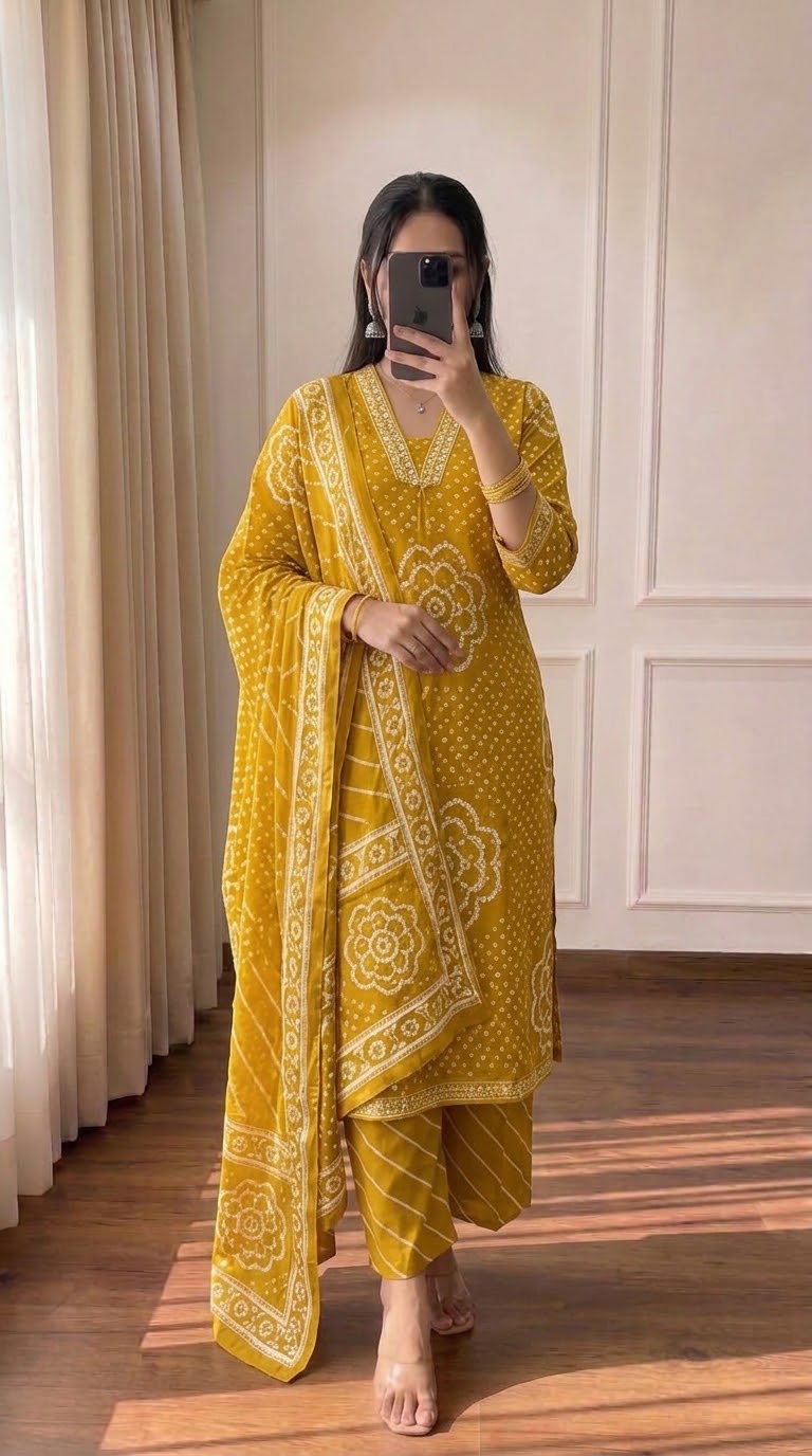 Golden Bloom Bandhani Three-Piece Suit Set