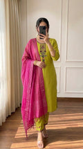 Lime Green Embroidered Kurti Set with Pink Dupatta