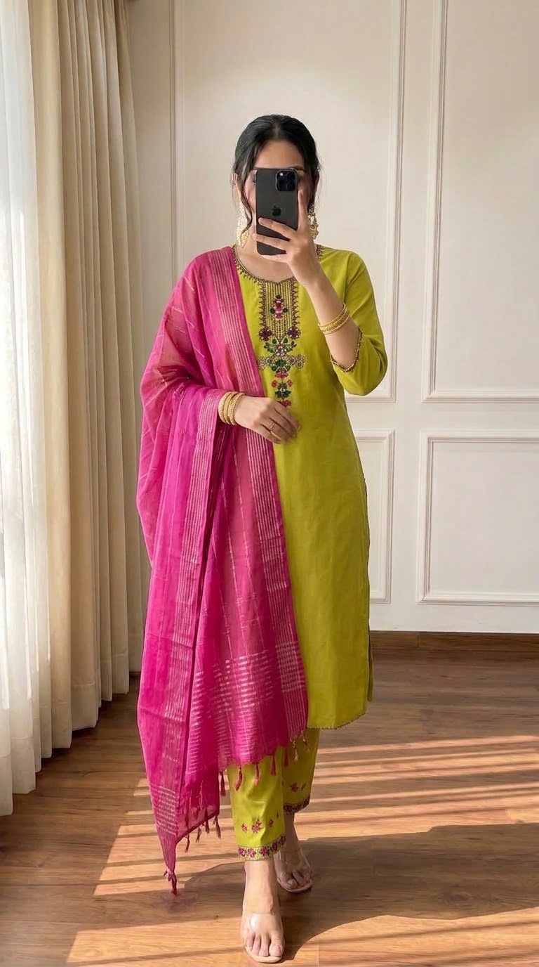 Lime Green Embroidered Kurti Set with Pink Dupatta