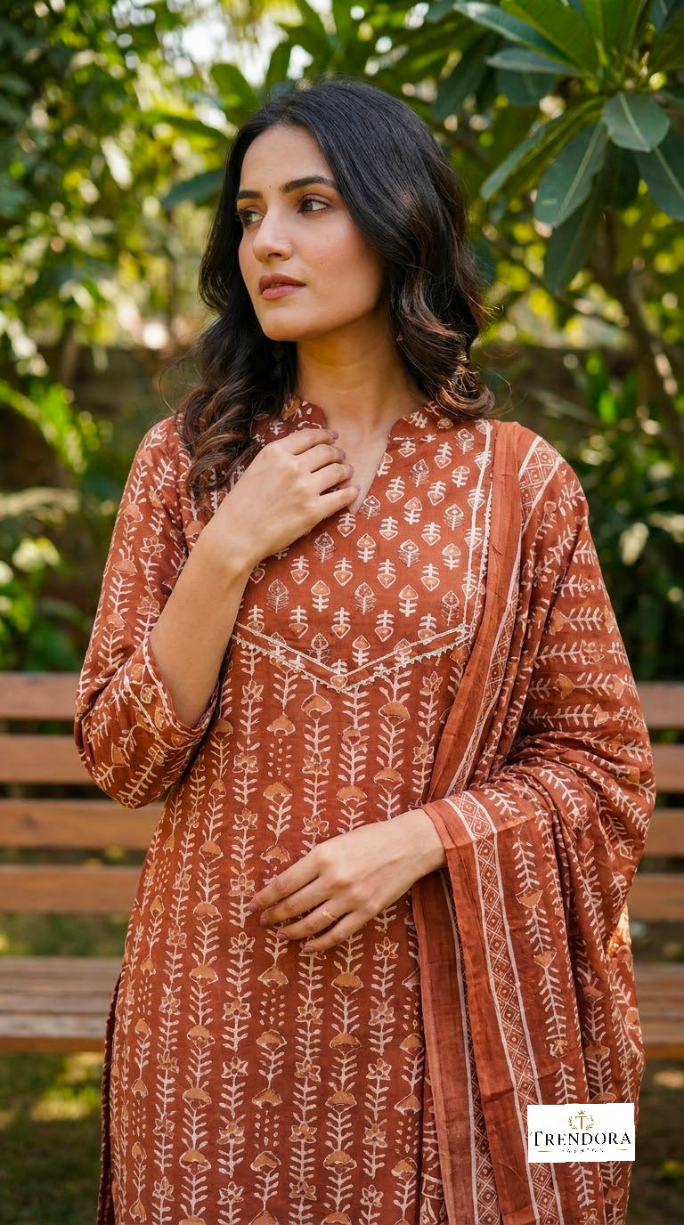 Rustic Brown Printed Kurta Set