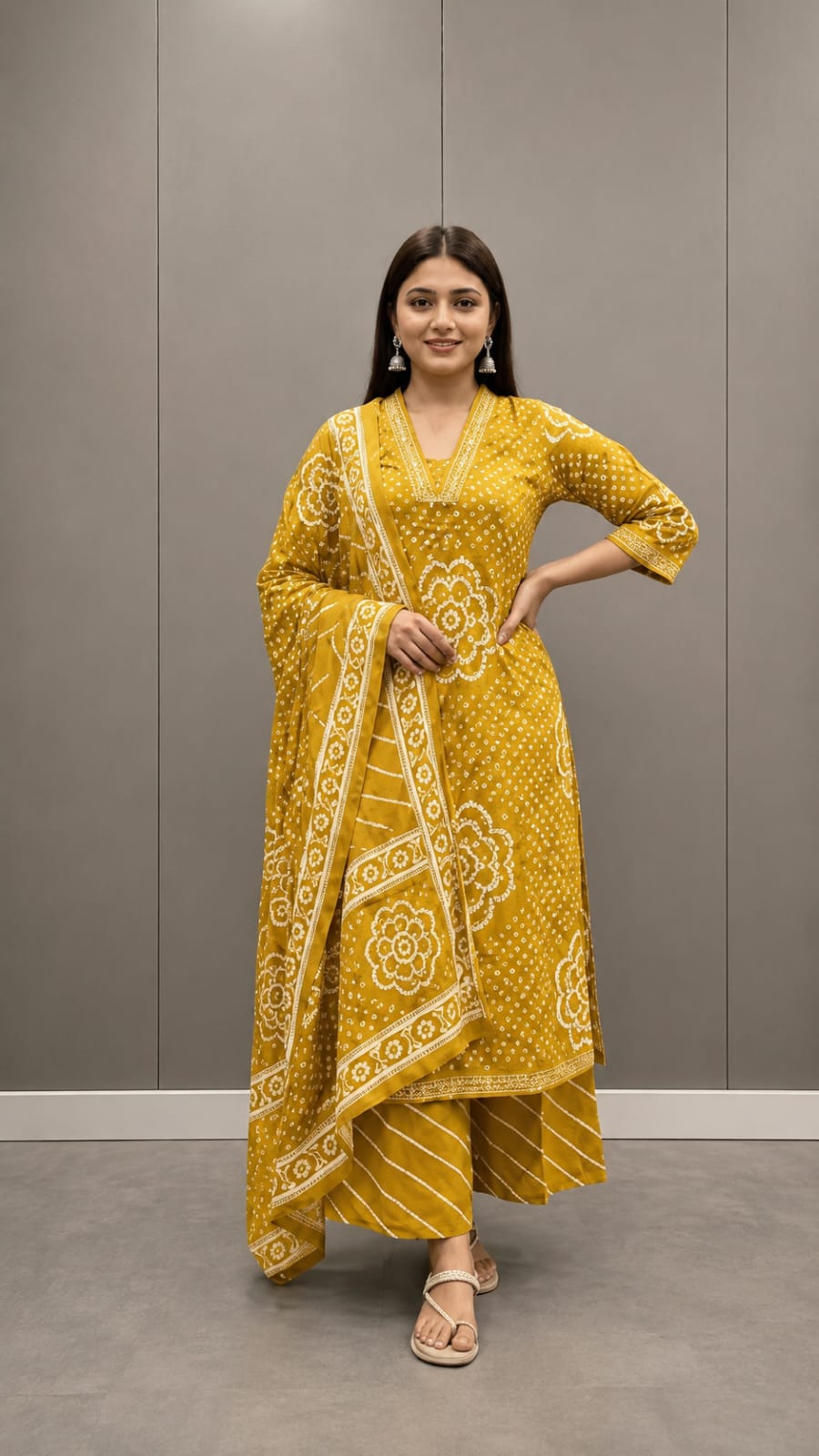 Golden Bloom Bandhani Three-Piece Suit Set