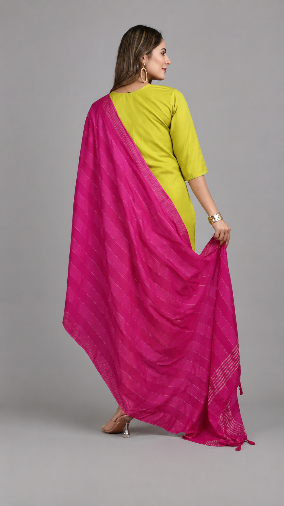 Lime Green Embroidered Kurti Set with Pink Dupatta