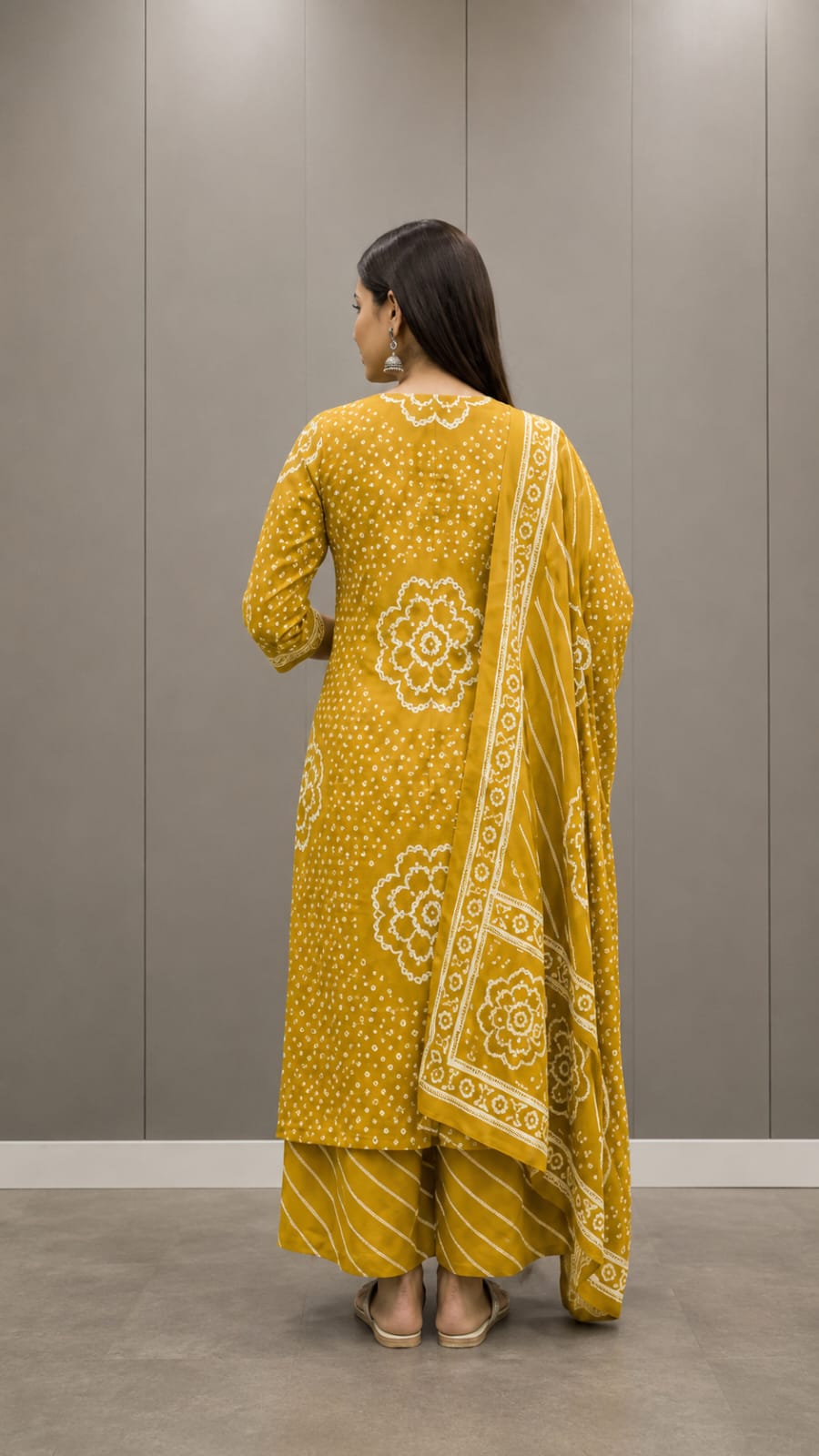 Golden Bloom Bandhani Three-Piece Suit Set