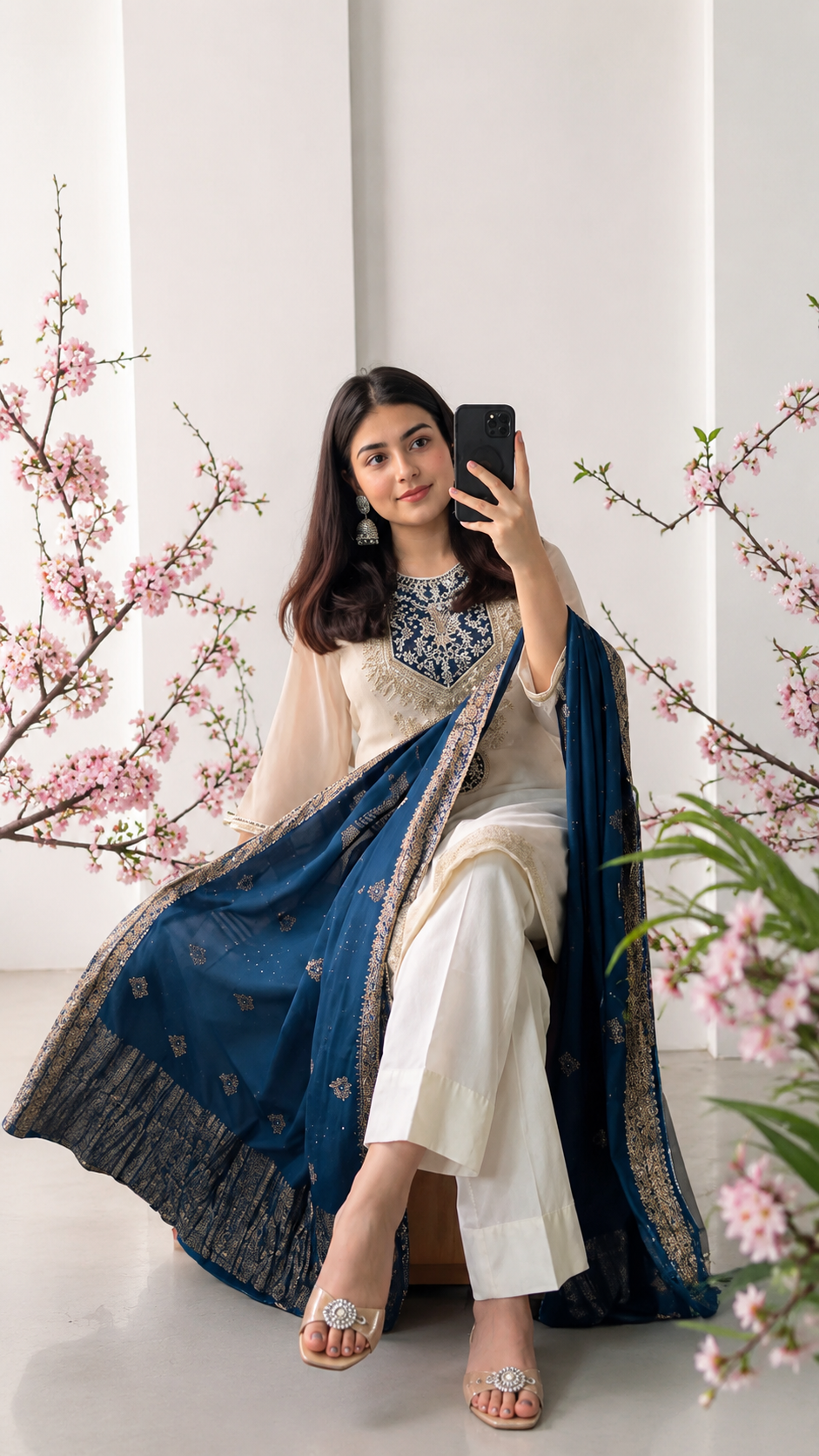 Azure Grace Embroidered Three-Piece Suit Set