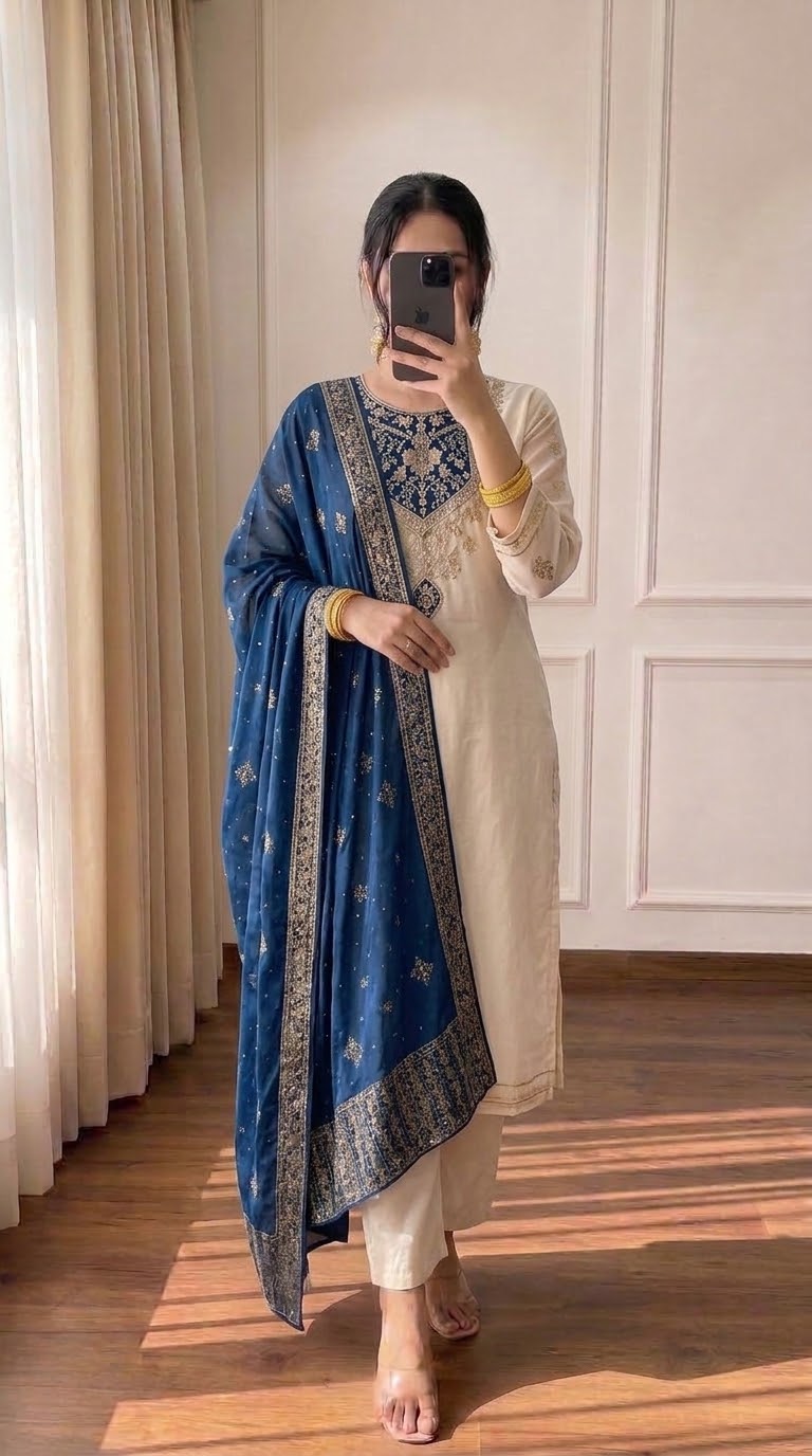 Azure Grace Embroidered Three-Piece Suit Set
