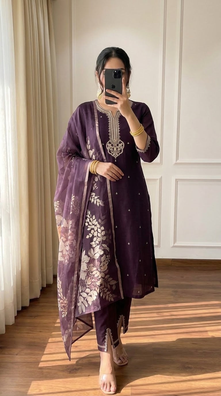 Elegant Purple Embroidered 3-Piece Suit