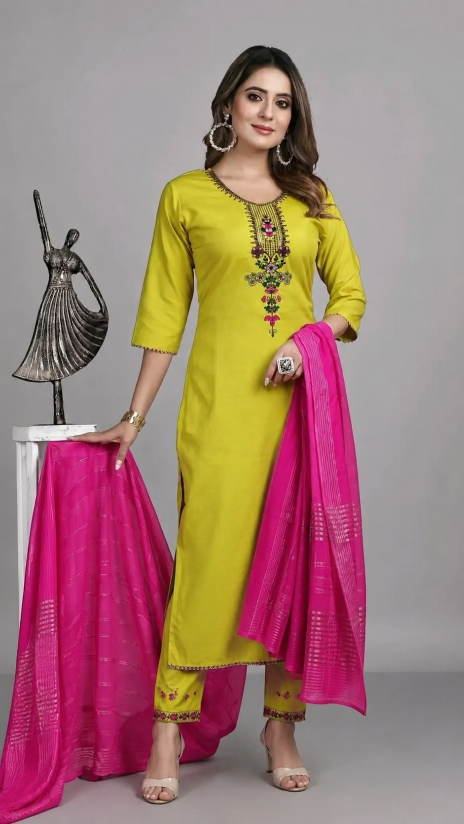 Lime Green Embroidered Kurti Set with Pink Dupatta