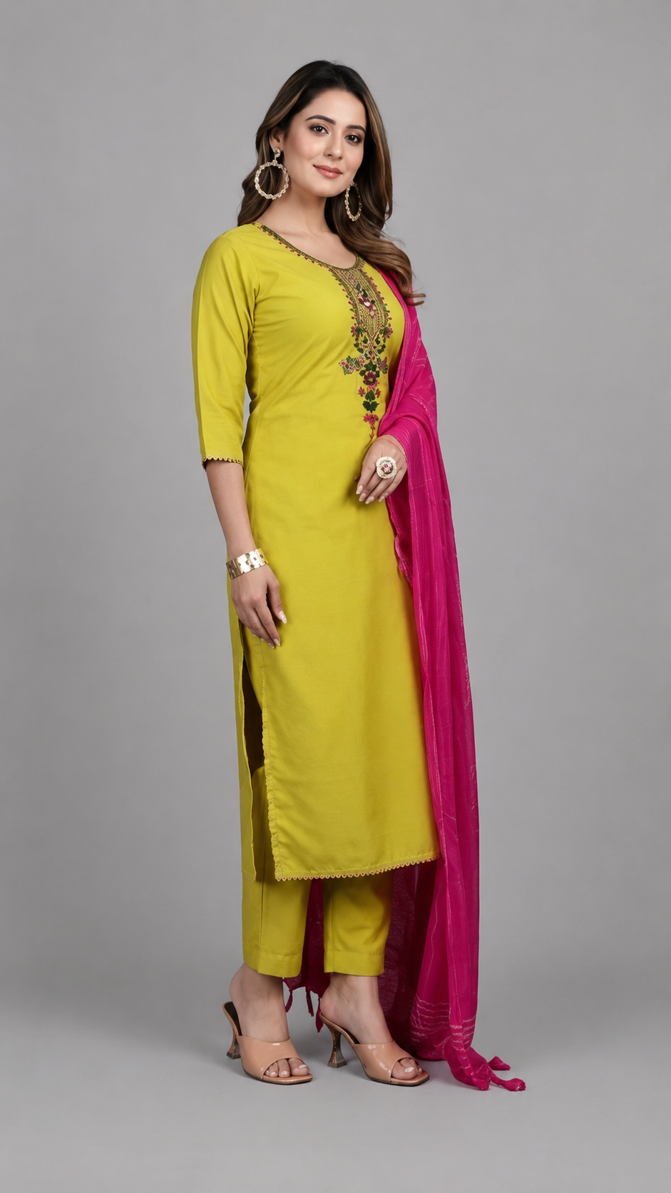 Lime Green Embroidered Kurti Set with Pink Dupatta