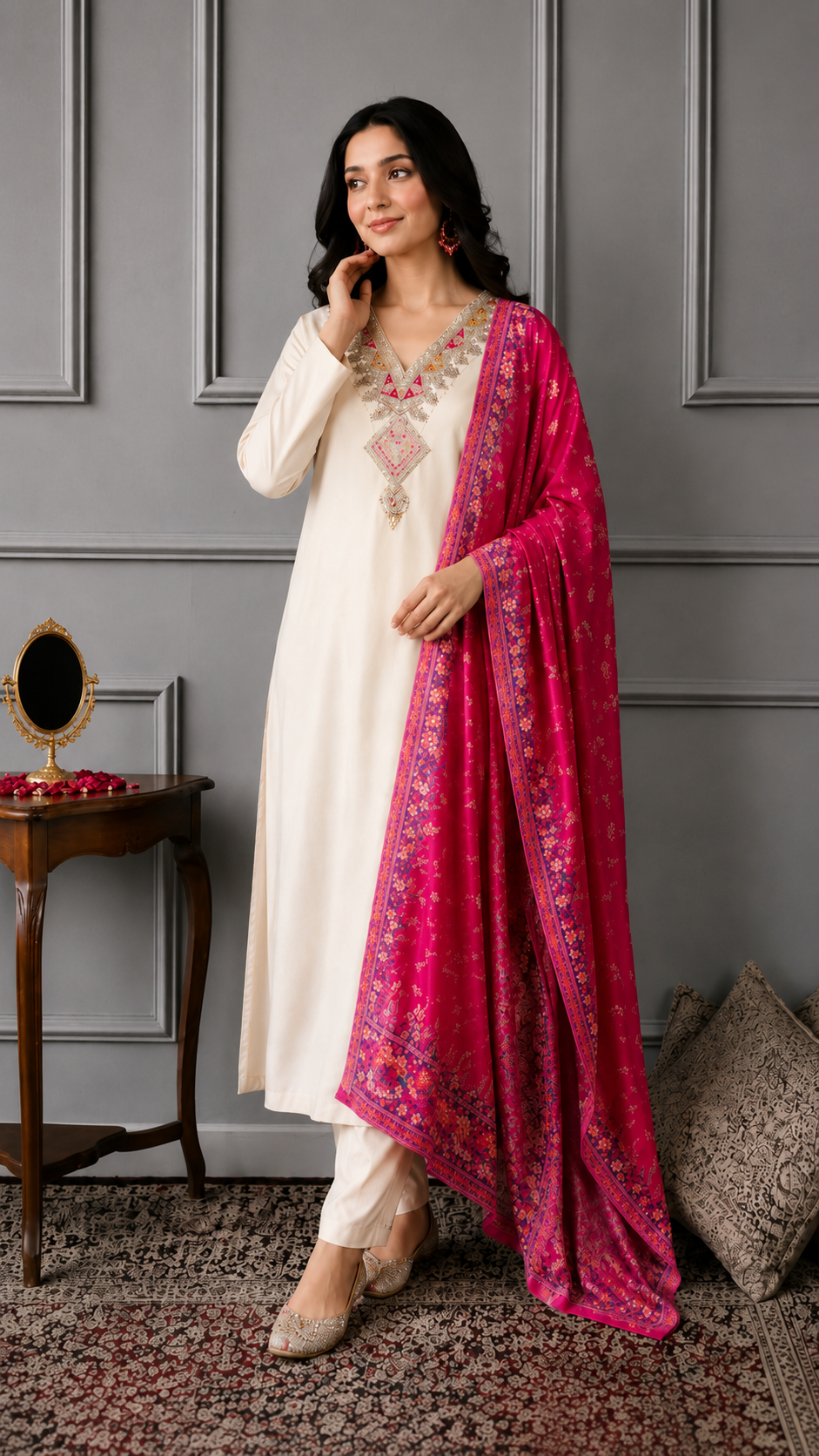 Elegant Ivory Embroidered 3-Piece Salwar Suit with Pink Jacquard Dupatta