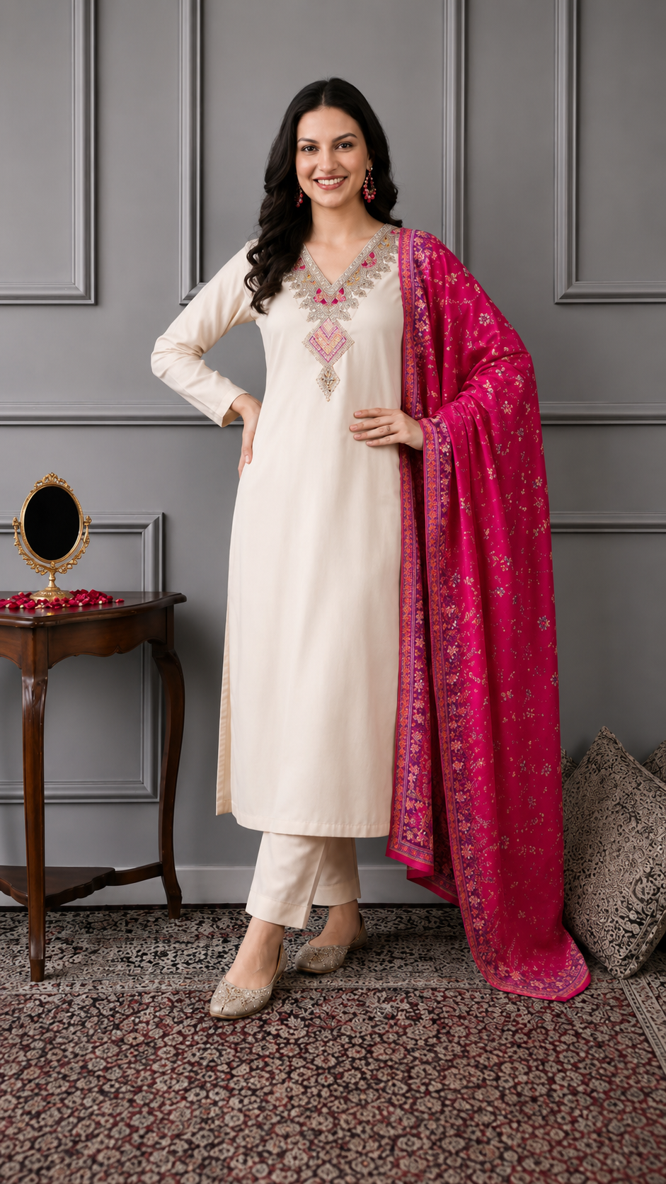 Elegant Ivory Embroidered 3-Piece Salwar Suit with Pink Jacquard Dupatta
