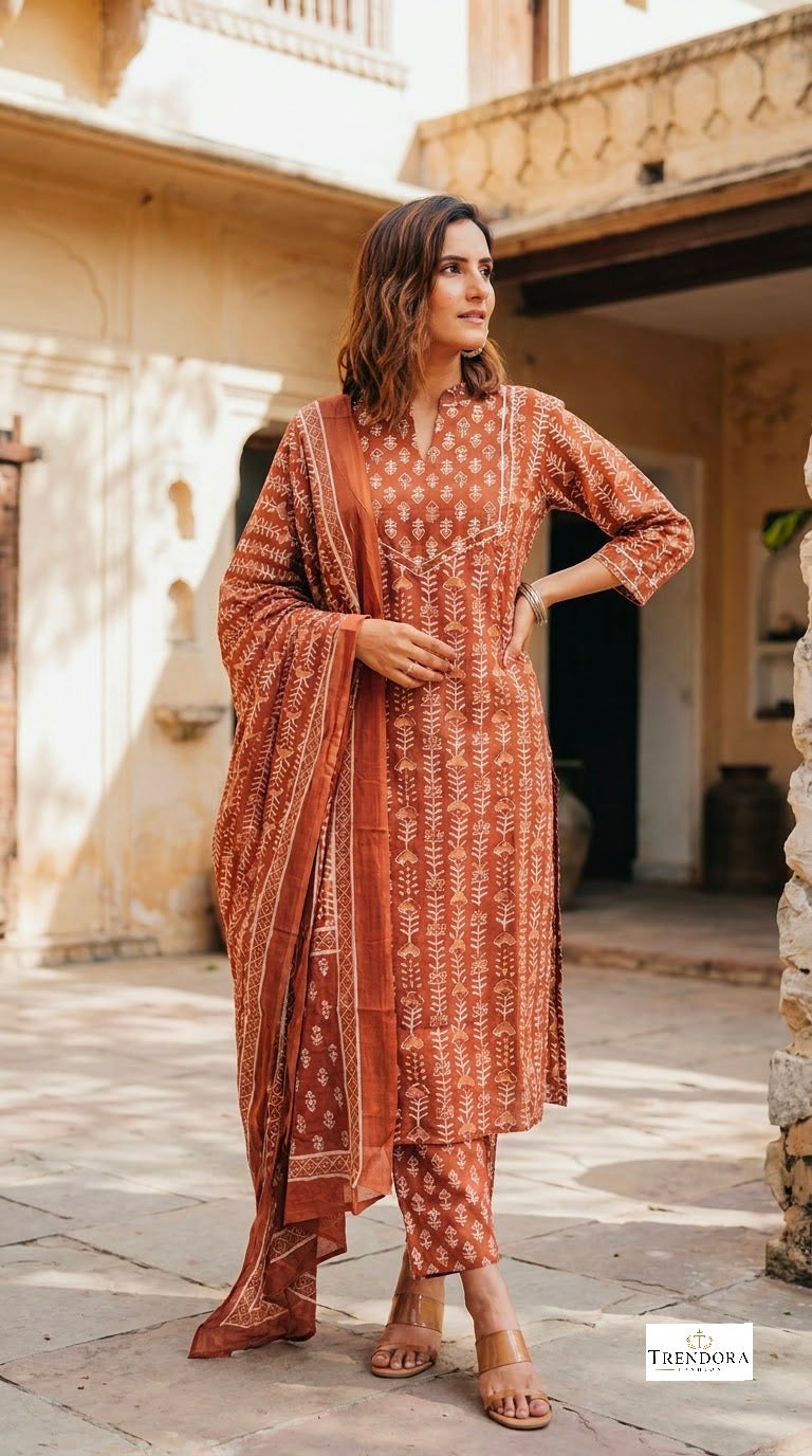 Rustic Brown Printed Kurta Set