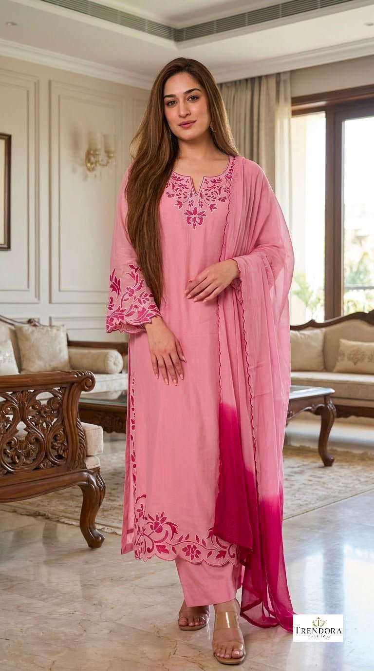 Rose Pink Floral Embroidered Suit Set