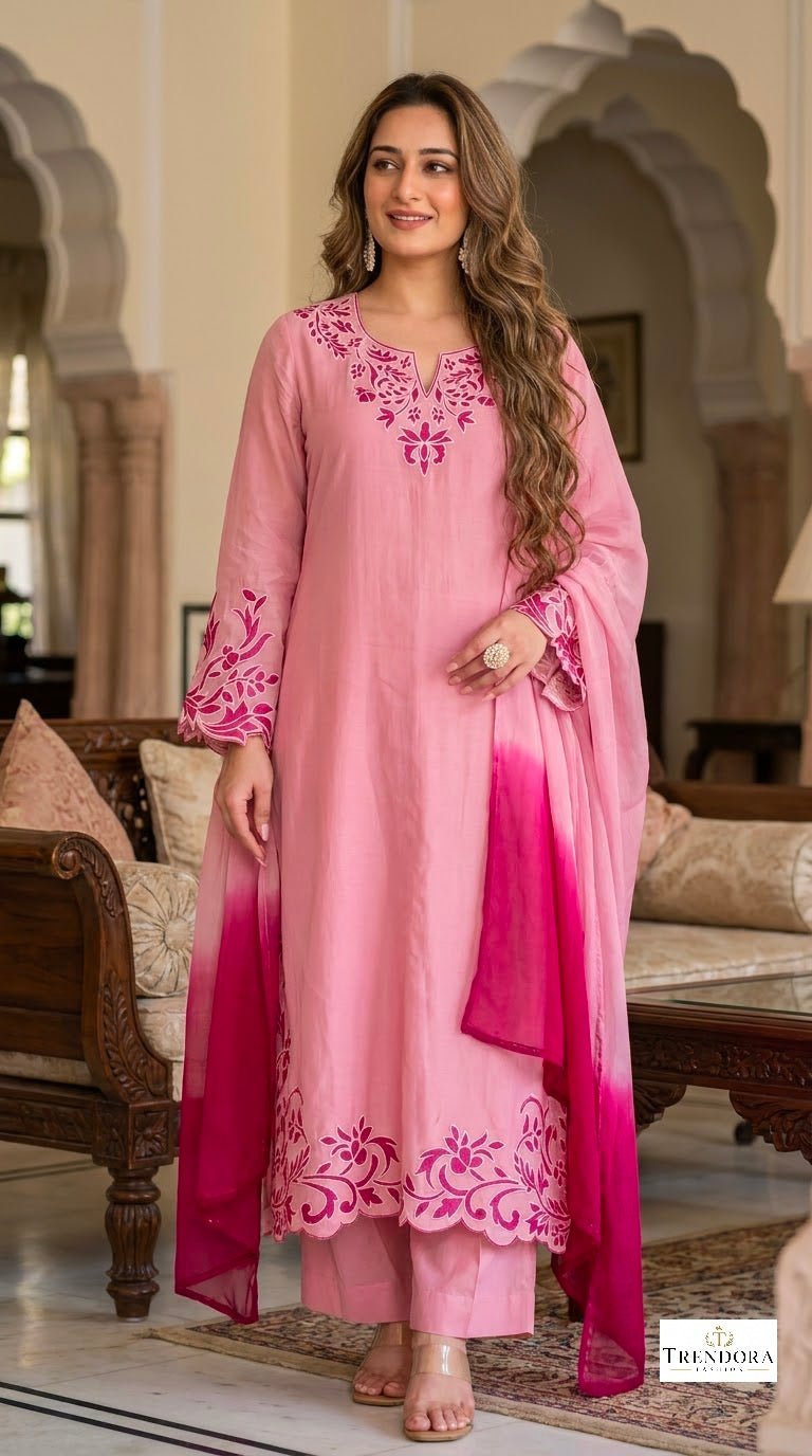 Rose Pink Floral Embroidered Suit Set