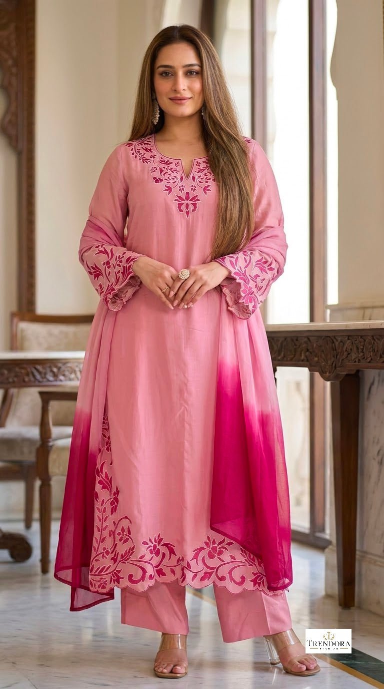 Rose Pink Floral Embroidered Suit Set