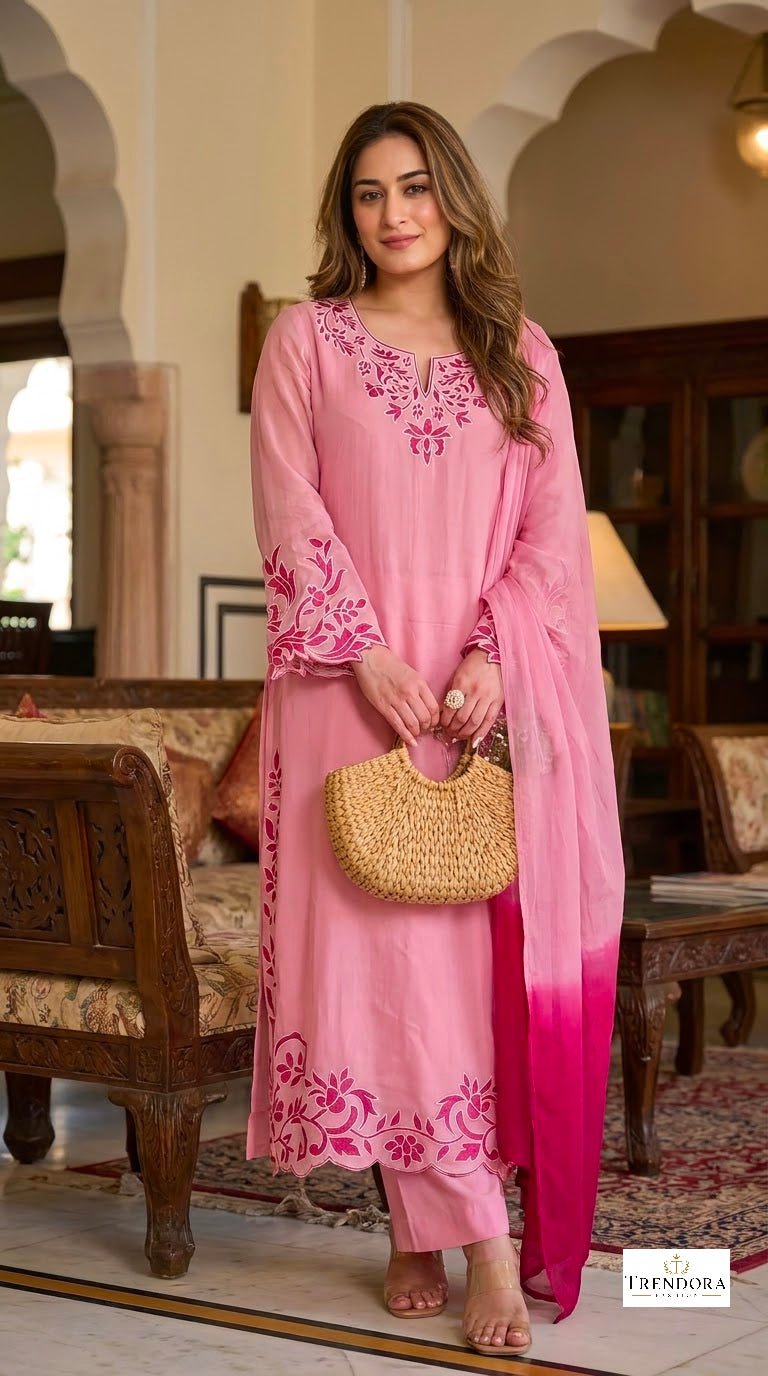 Rose Pink Floral Embroidered Suit Set