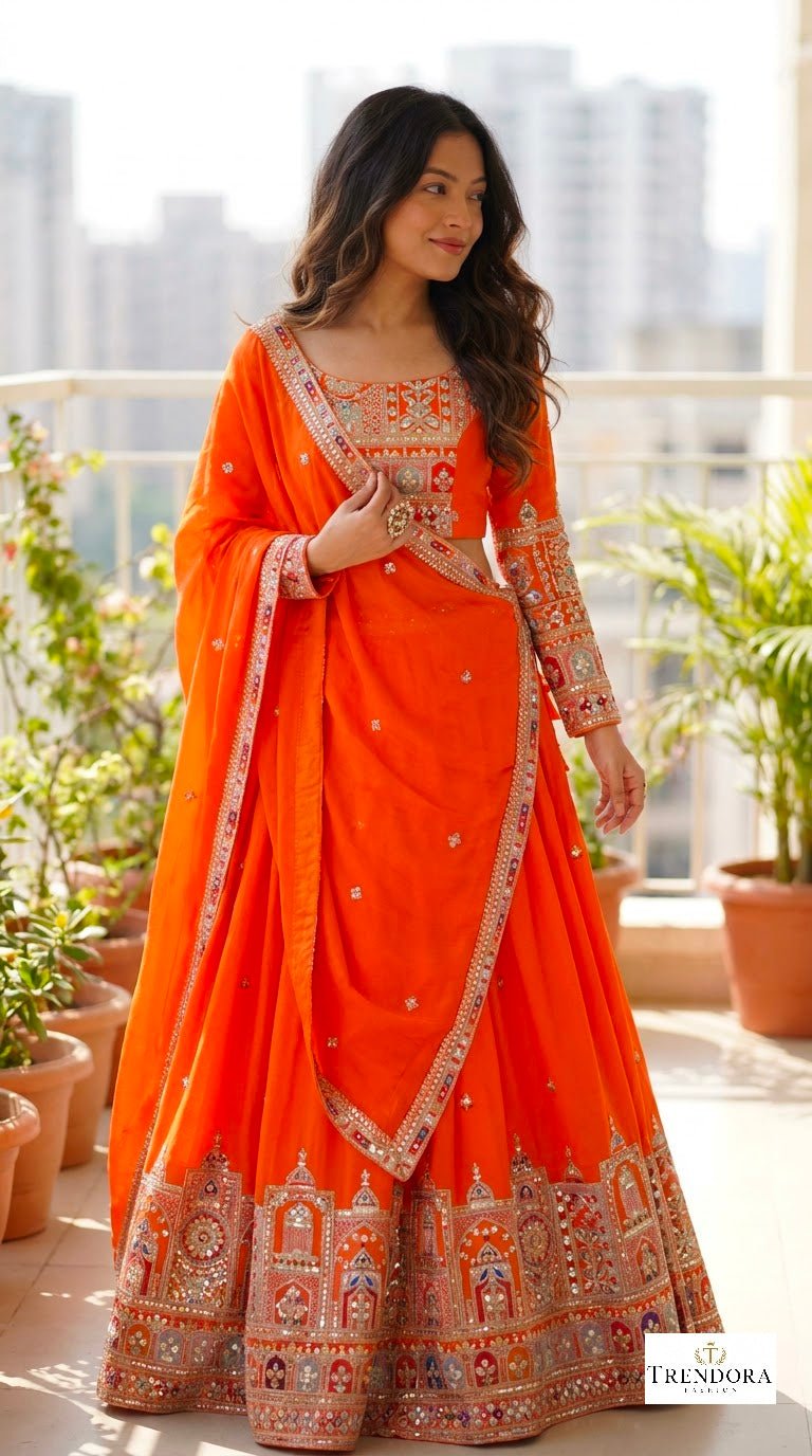 🍊Royal Orange Embroidered Festive Lehenga