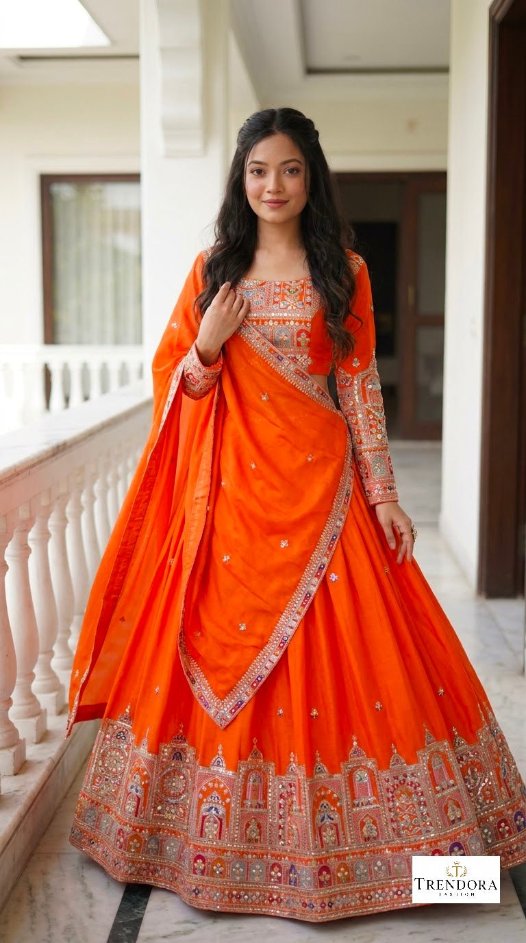 🍊Royal Orange Embroidered Festive Lehenga